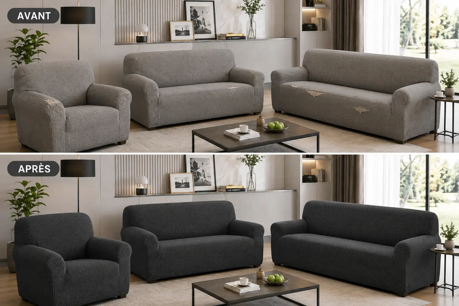 Salon avant et après la pose des housses MINIM
