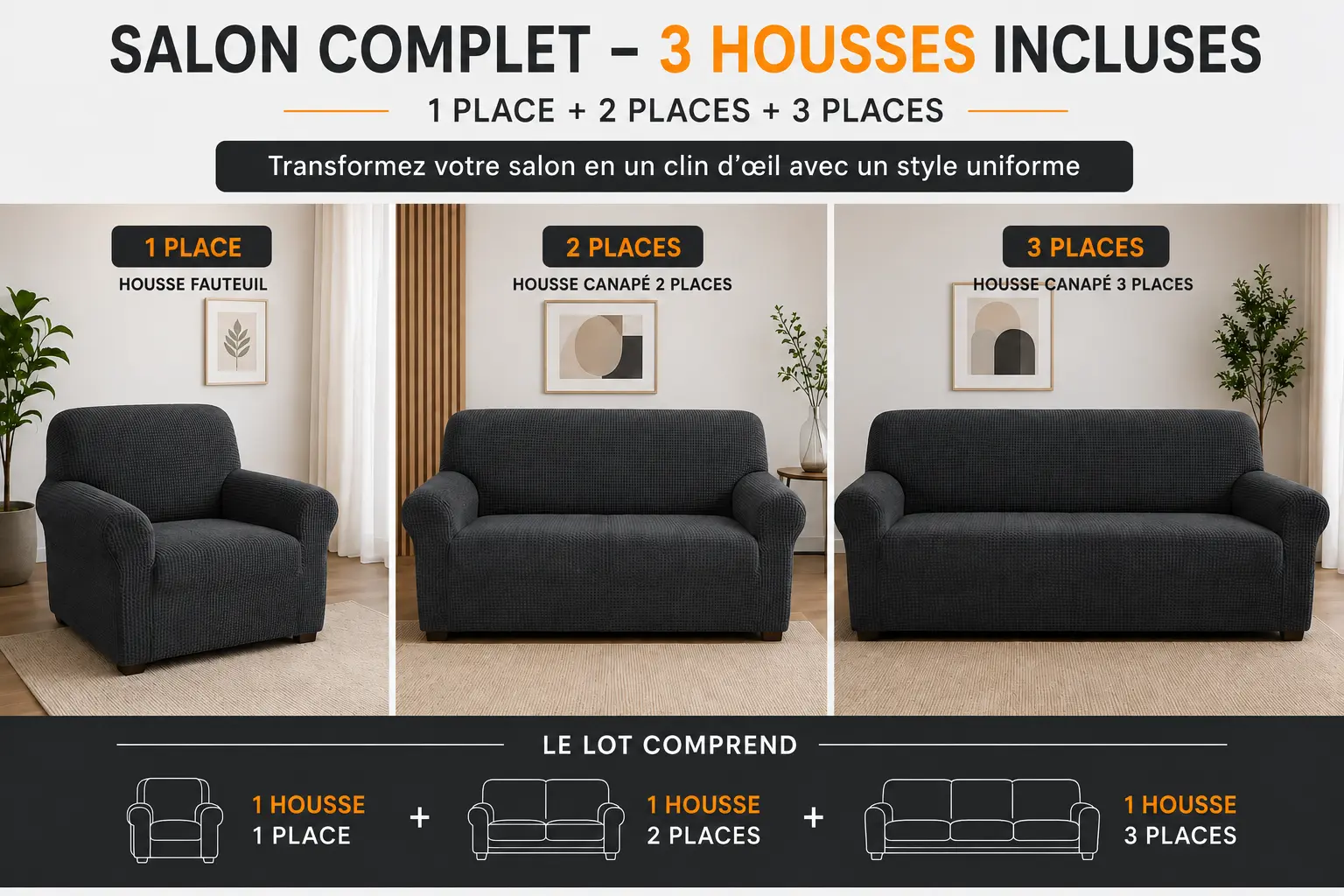 Lot MINIM comprenant une housse 1 place, 2 places et 3 places